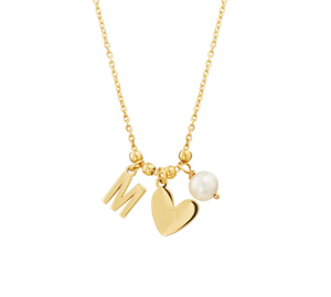 heart, initial and pearl necklace